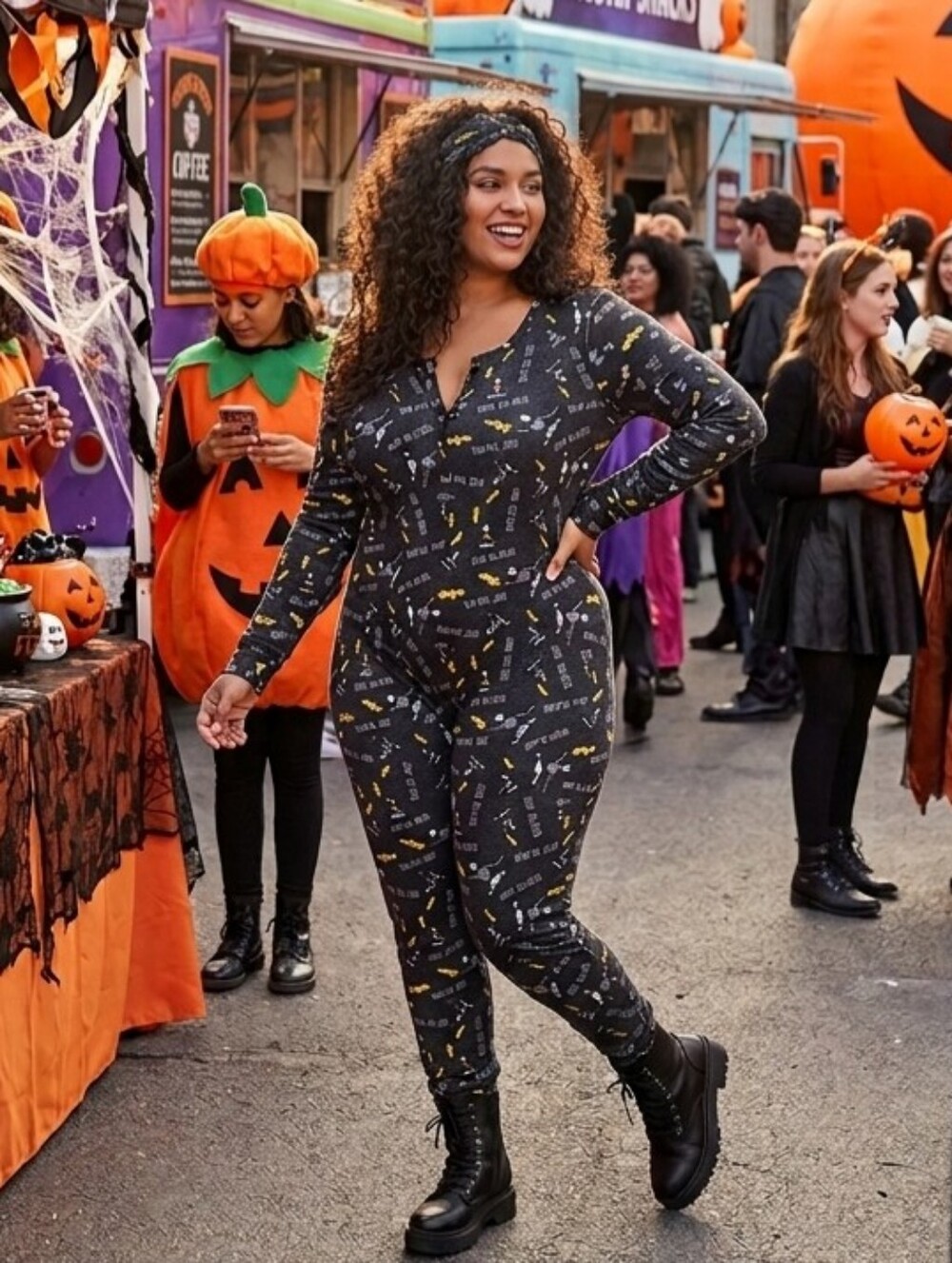 Halloween Womans Bodysuit With Headband Skeleton, Bats, Skulls, Or Pumpkins - Picture 3 of 6